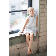 White Linen Dress with Blue Flowers - Dresses