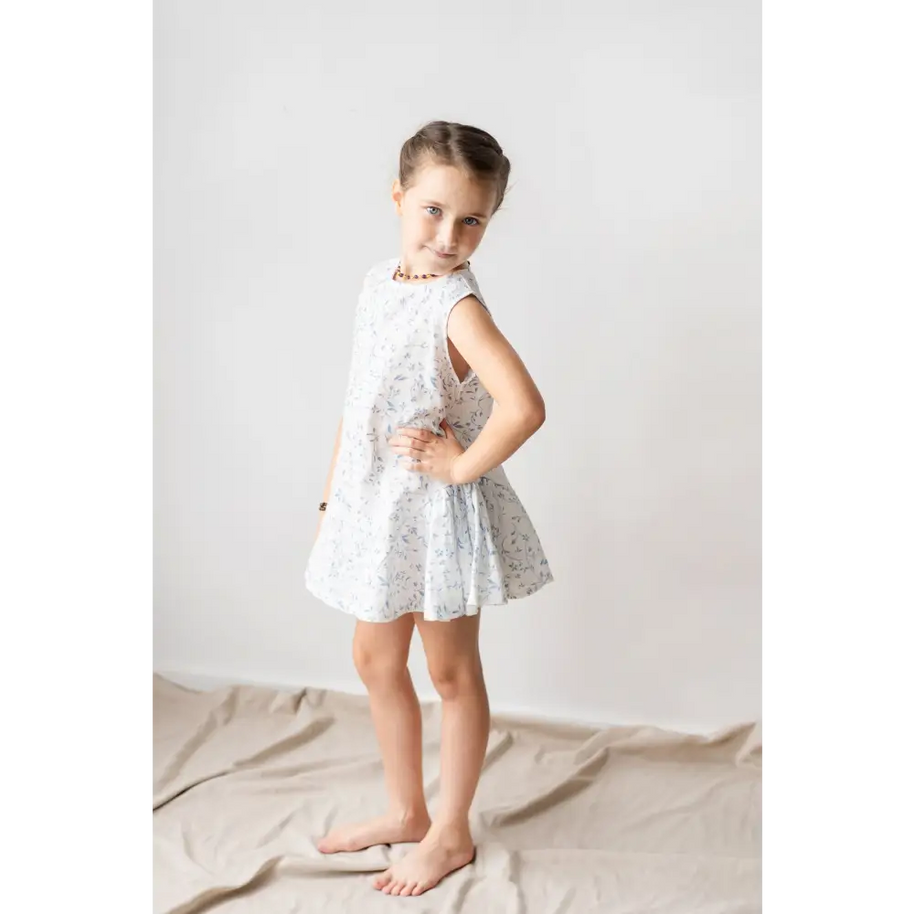 White Linen Dress with Blue Flowers - Dresses