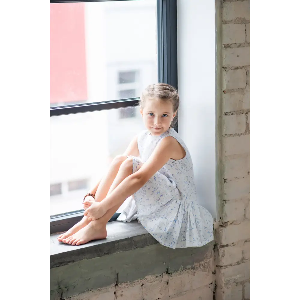 White Linen Dress with Blue Flowers - Dresses