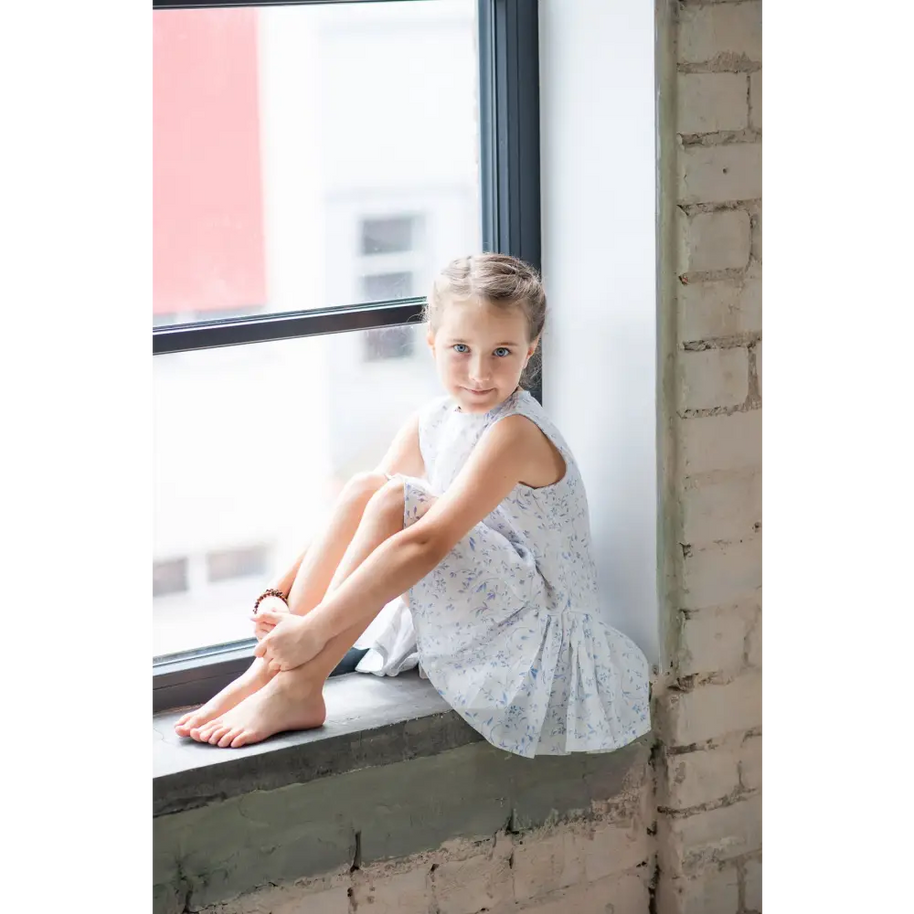 White Linen Dress with Blue Flowers - Dresses