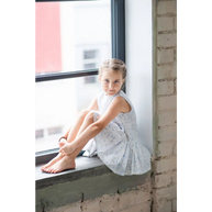 White Linen Dress with Blue Flowers - Dresses