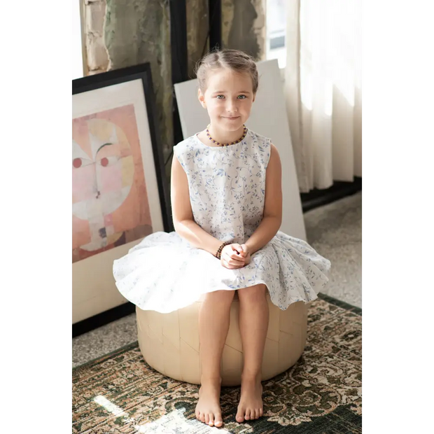 White Linen Dress with Blue Flowers - Dresses