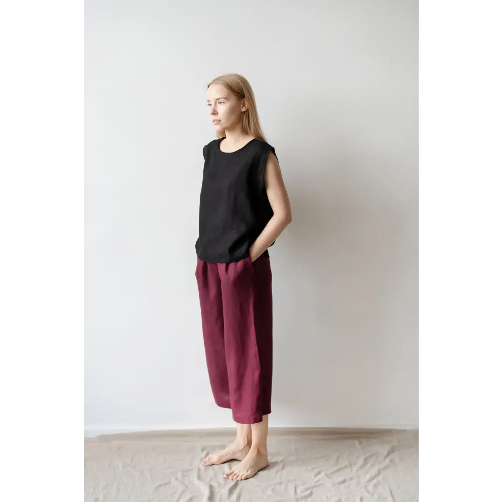 Wide Natural Linen Pants with Pockets - One Size - Pants