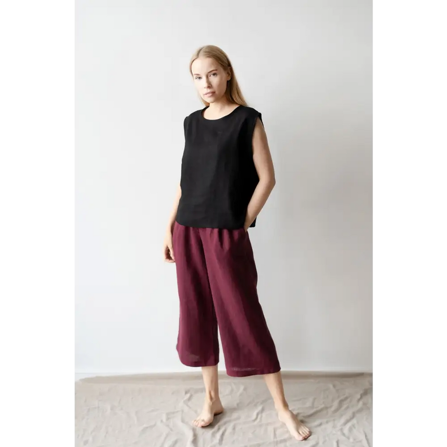 Wide Natural Linen Pants with Pockets - One Size - Pants