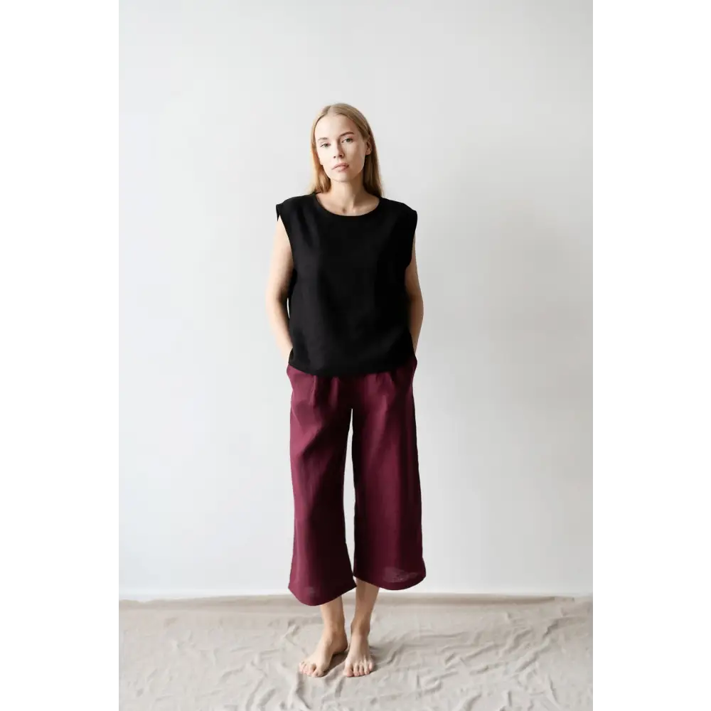 Wide Natural Linen Pants with Pockets - One Size - Pants