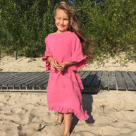 Wide Salmon Color Dress with Belt - Dresses