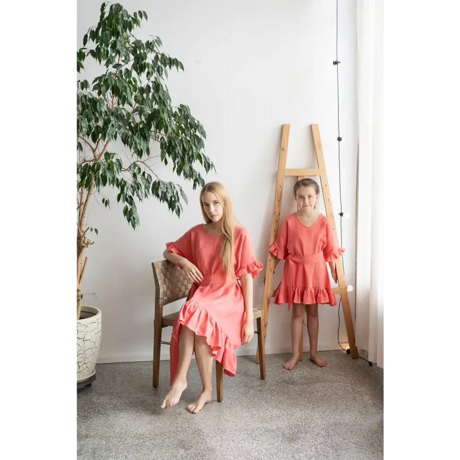 Wide Salmon Color Dress with Belt - Dresses