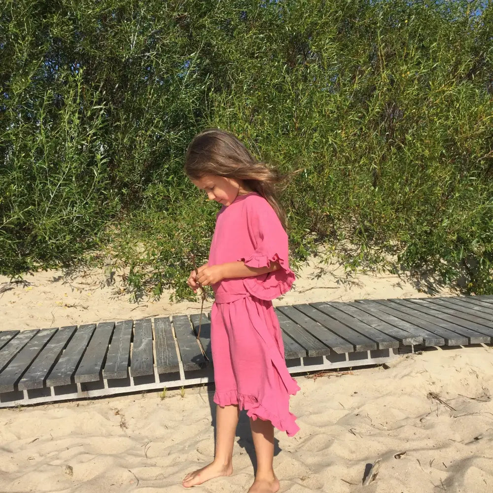 Wide Salmon Color Dress with Belt - Dresses