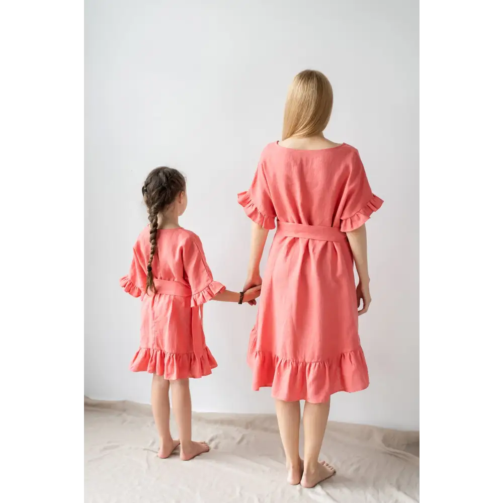 Wide Salmon Color Dress with Belt - Dresses