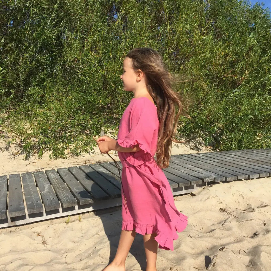 Wide Salmon Color Dress with Belt - Dresses